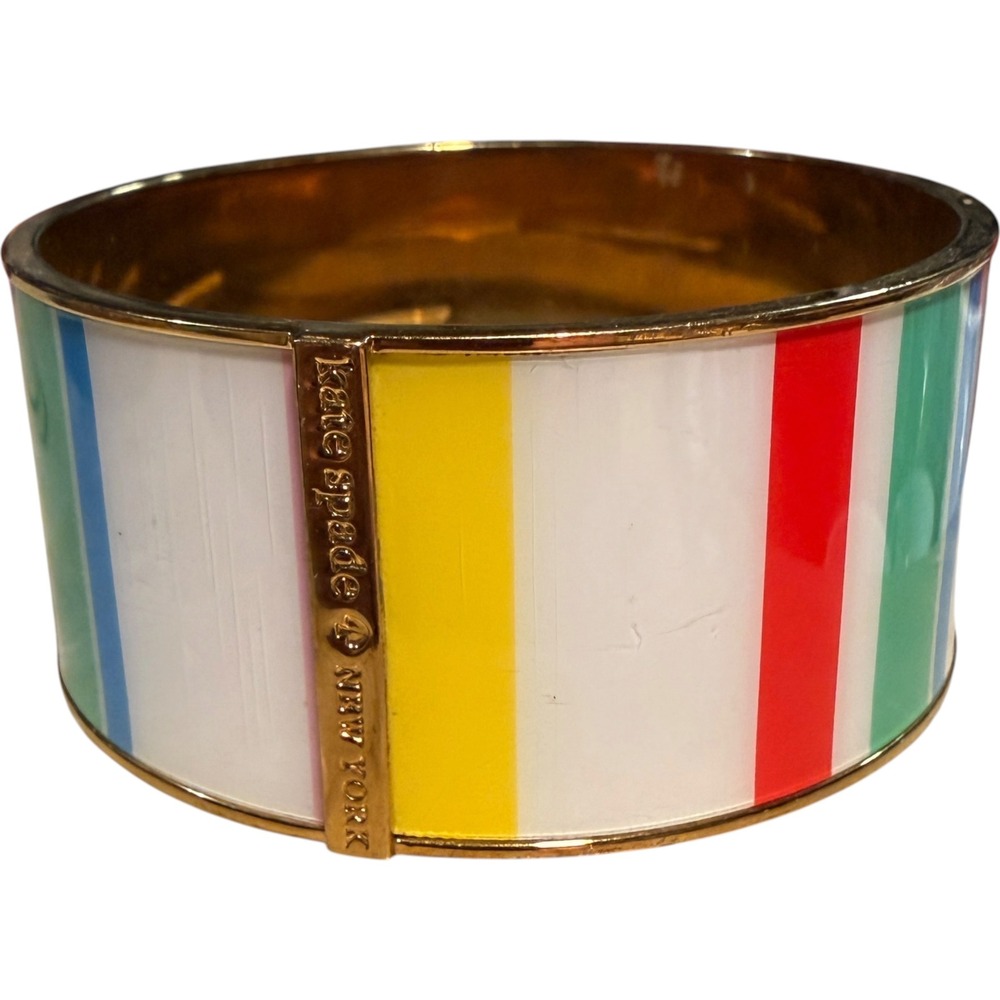 Kate Spade New York Multi Color Striped Enamel Gold Tone Wide Bangle Bracelet
